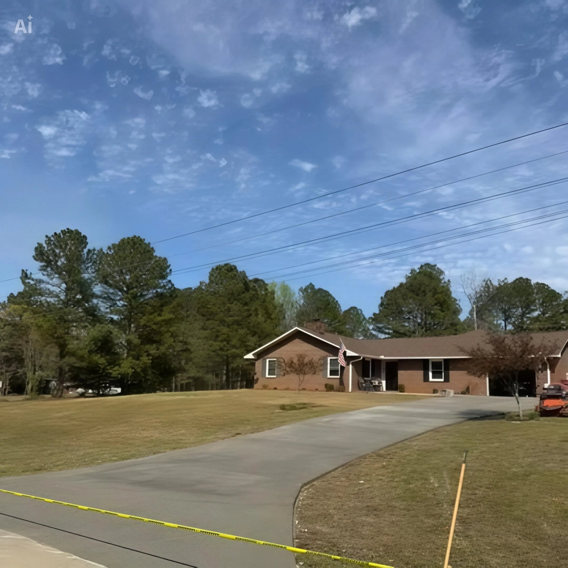 Single-story brick house with driveway and yellow caution tape on a lawn under a blue sky with trees