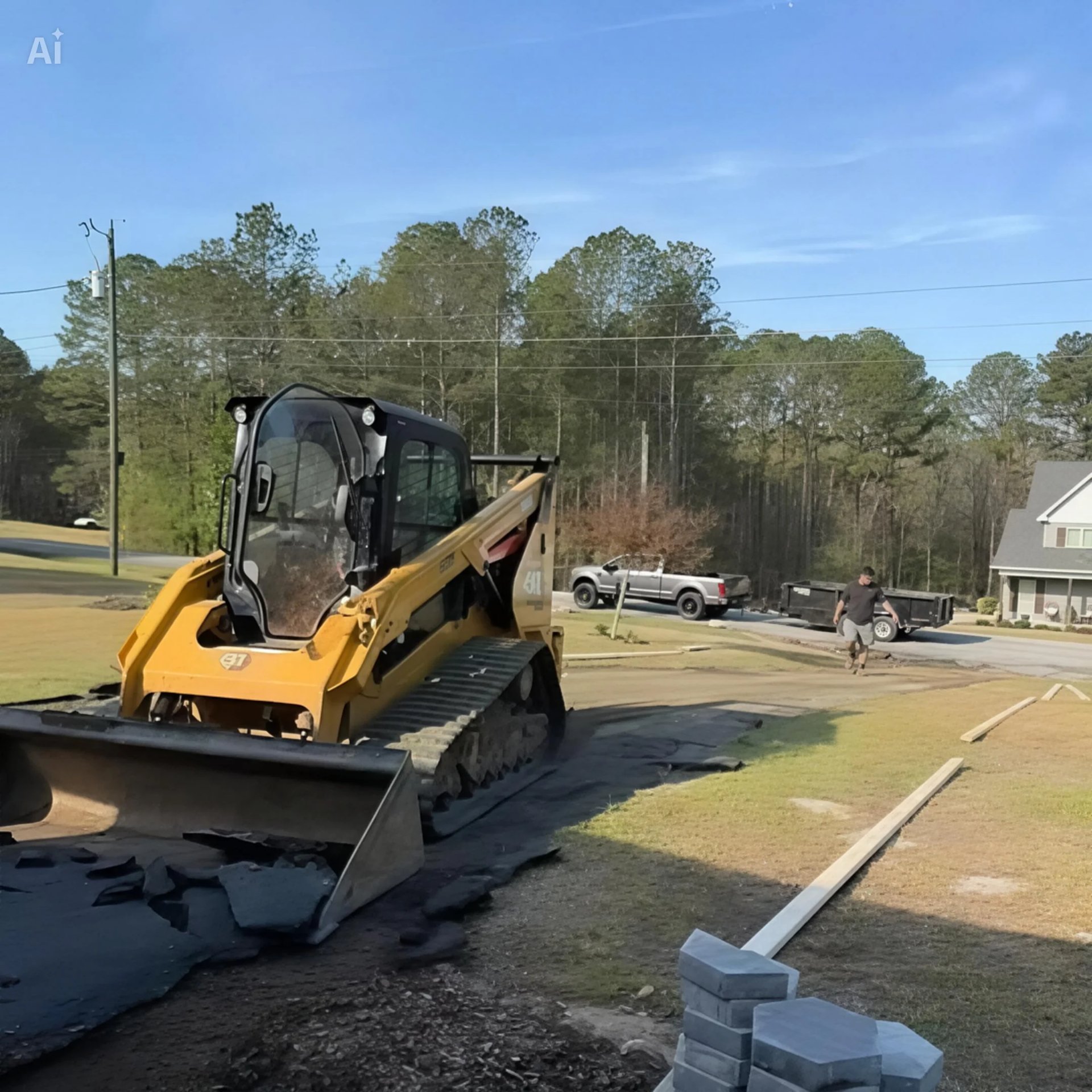 Yellow and black skid steer loader with blade attachment on residential driveway construction site